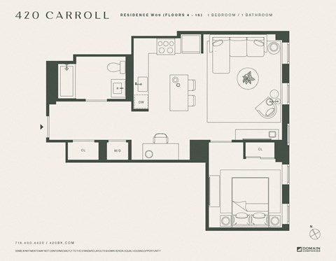 Floor plan for 1 bed, 1 bath, 684 sqft